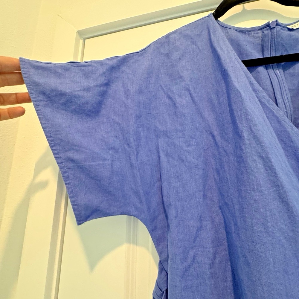 Adolfo Dominguez XL 100% Linen Wrap Jumpsuit Blue Wide Leg Tie Waist India Made - Picture 7 of 15